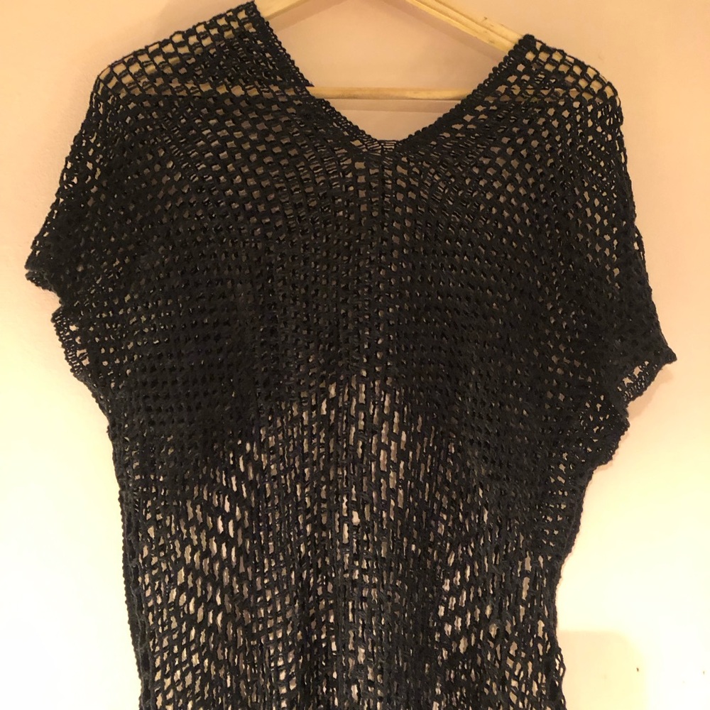 Net Midi Dress Coverup Open Knit Fringe Black Crochet Kaftan Tunic Beach Italian